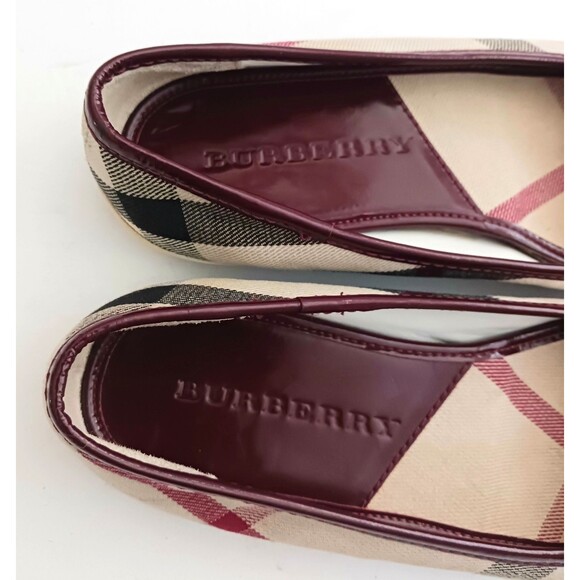 Burberry Nova Check Ballet Flat Burgundy Patent Cap Toe Rubber Bumper EU 35 US 5 - Picture 3 of 13